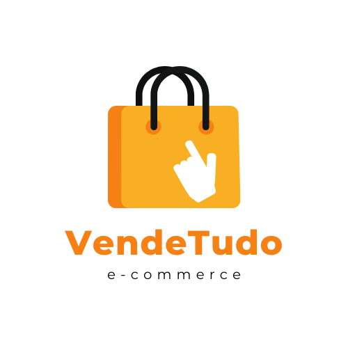 Logo da loja VendeTudo. Na imagem há uma sacola de compras na cor laranja com uma mão branco em formato digital clicando na sacola. também possui o nome da empresa na cor laranja e a descrição que é uma empresa de e-commerce